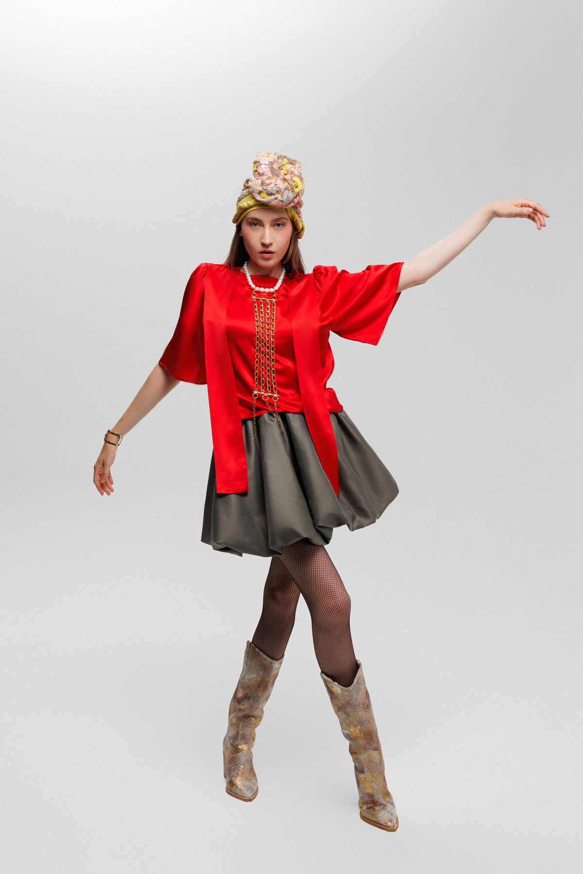 Olive silk bubble mini skirt with a gathered balloon hem