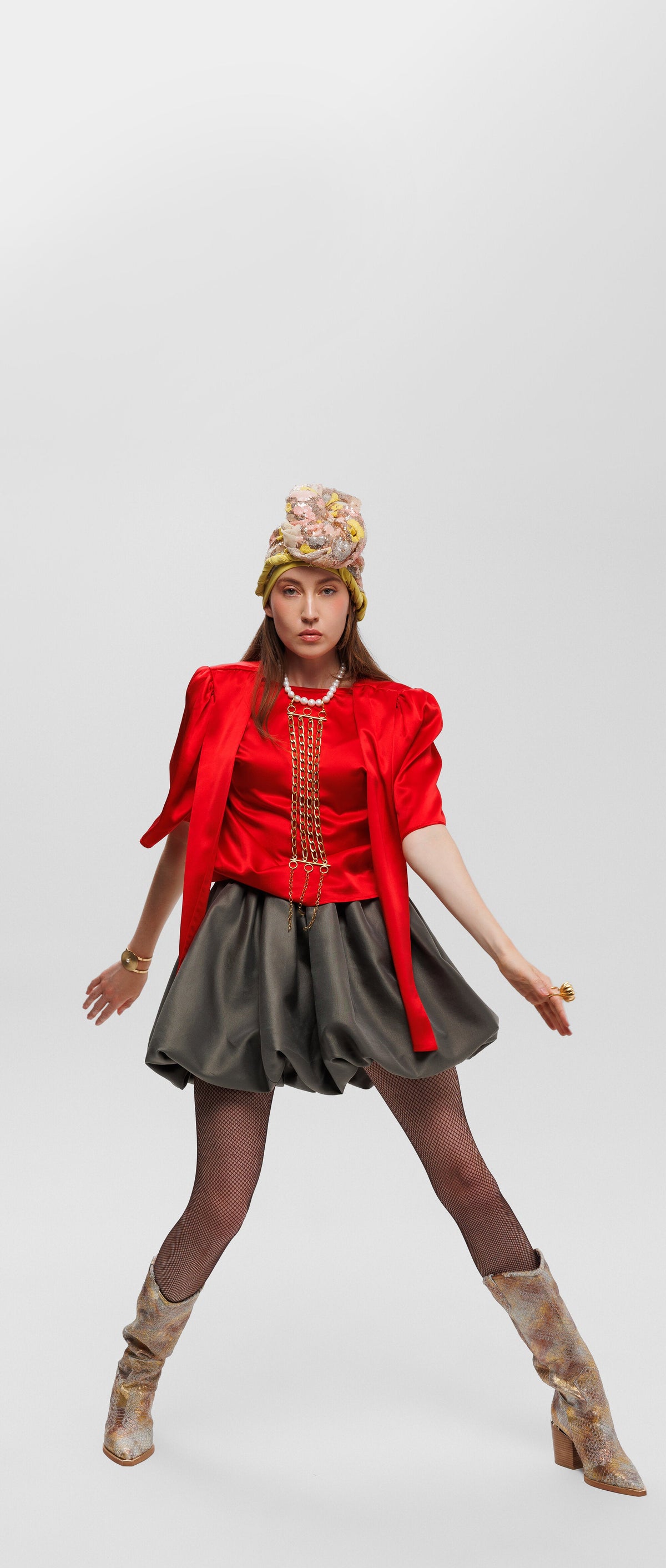 Olive silk bubble mini skirt, full length